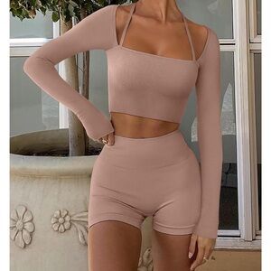 Ribbed Long Sleeve Crop Top Halter Neck New with Tag
